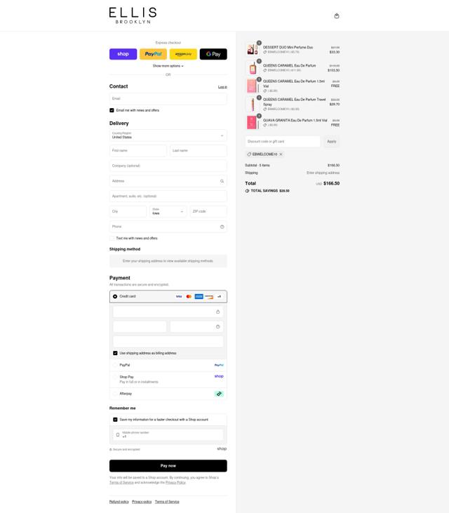 Ellis Brooklyn checkout page showing Ellis Brooklyn coupon code box | Screenshot taken by SimplyCodes community member on Sep 2, 2025