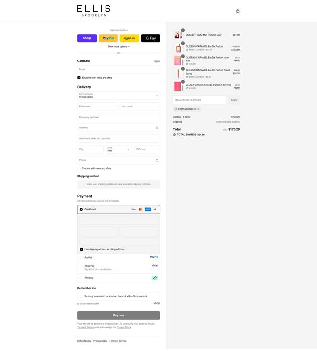 Ellis Brooklyn checkout page showing Ellis Brooklyn coupon code box | Screenshot taken by SimplyCodes community member on Sep 14, 2025