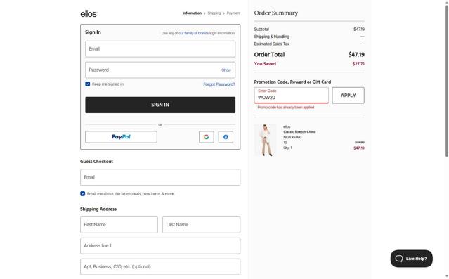 Ellos checkout page showing Ellos promo code box | Screenshot taken by SimplyCodes community member on Aug 21, 2025