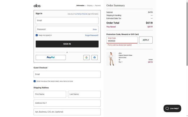Ellos checkout page showing Ellos promo code box | Screenshot taken by SimplyCodes community member on Aug 21, 2025
