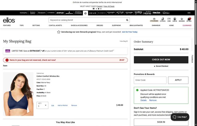 Ellos checkout page showing Ellos promo code box | Screenshot taken by SimplyCodes community member on Aug 17, 2025
