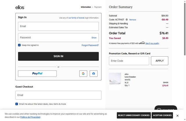 Ellos checkout page showing Ellos promo code box | Screenshot taken by SimplyCodes community member on Aug 10, 2025