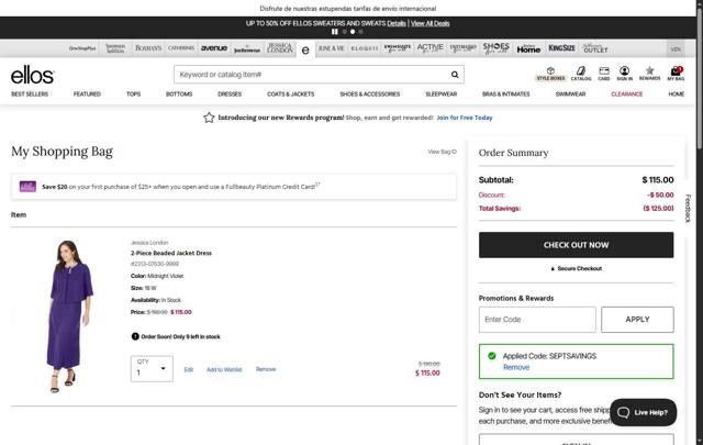 Ellos checkout page showing Ellos promo code box | Screenshot taken by SimplyCodes community member on Sep 8, 2025