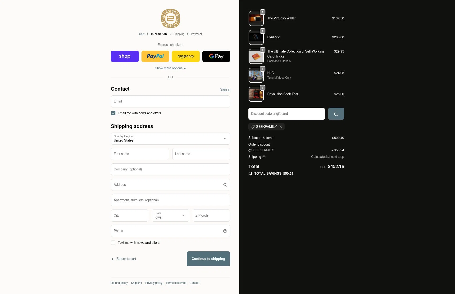 Ellusionist checkout page showing Ellusionist promo code box | Screenshot taken by SimplyCodes community member on Feb 6, 2026