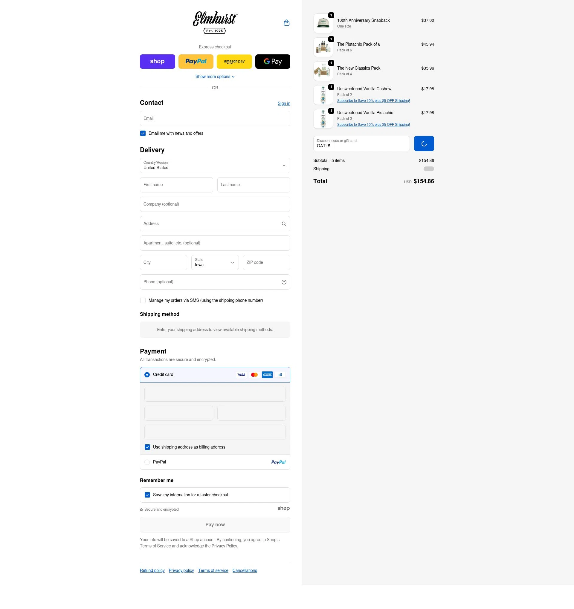 Elmhurst 1925 checkout page showing Elmhurst 1925 promo code box | Screenshot taken by SimplyCodes community member on Jan 3, 2026