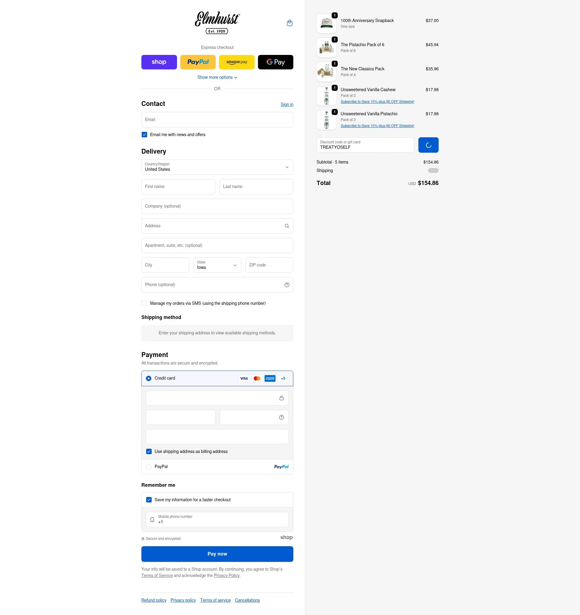 Elmhurst 1925 checkout page showing Elmhurst 1925 promo code box | Screenshot taken by SimplyCodes community member on Dec 29, 2025