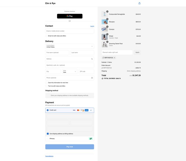 Elm & Rye checkout page showing Elm & Rye discount code box | Screenshot taken by SimplyCodes community member on Sep 6, 2025