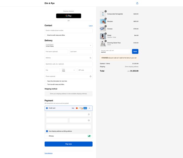 Elm & Rye checkout page showing Elm & Rye discount code box | Screenshot taken by SimplyCodes community member on Sep 6, 2025