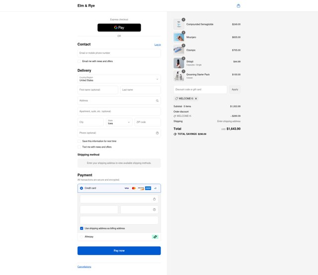 Elm & Rye checkout page showing Elm & Rye discount code box | Screenshot taken by SimplyCodes community member on Sep 6, 2025