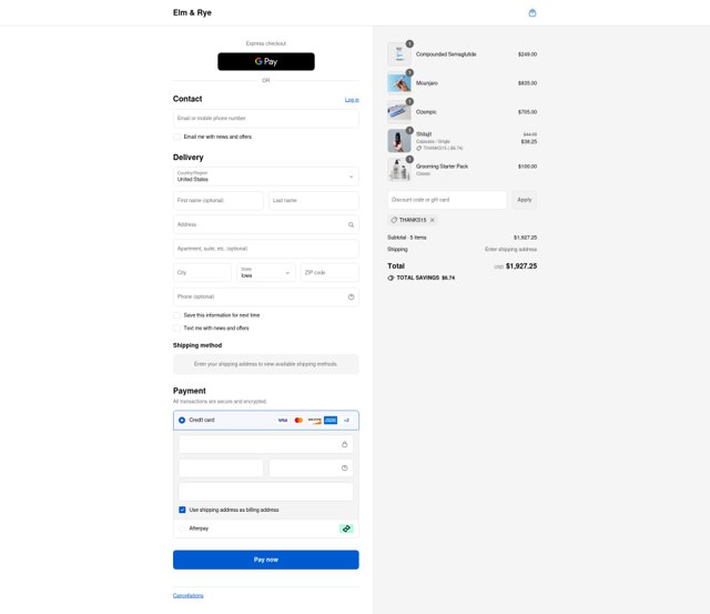 Elm & Rye checkout page showing Elm & Rye discount code box | Screenshot taken by SimplyCodes community member on Sep 6, 2025