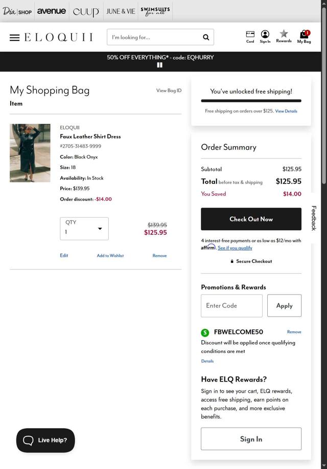 Eloquii checkout page showing Eloquii coupon code box | Screenshot taken by SimplyCodes community member on Sep 11, 2025