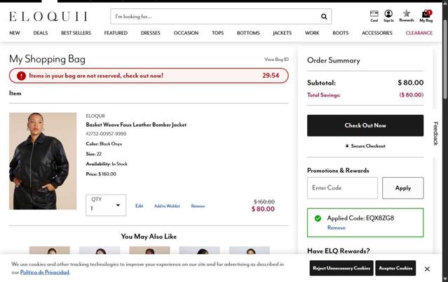Eloquii checkout page showing Eloquii coupon code box | Screenshot taken by SimplyCodes community member on Sep 8, 2025