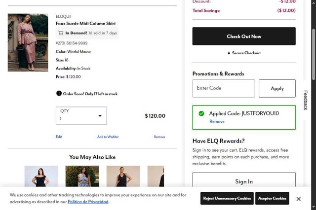 Eloquii checkout page showing Eloquii coupon code box | Screenshot taken by SimplyCodes community member on Aug 19, 2025