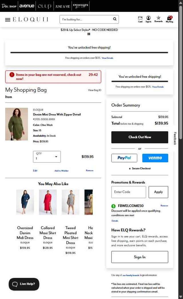 Eloquii checkout page showing Eloquii coupon code box | Screenshot taken by SimplyCodes community member on Aug 20, 2025