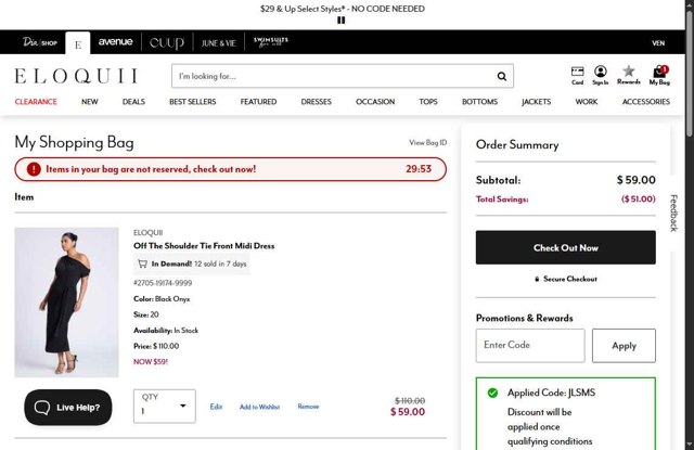 Eloquii checkout page showing Eloquii coupon code box | Screenshot taken by SimplyCodes community member on Aug 26, 2025