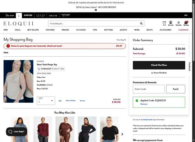 Eloquii checkout page showing Eloquii coupon code box | Screenshot taken by SimplyCodes community member on Sep 8, 2025