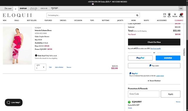Eloquii checkout page showing Eloquii coupon code box | Screenshot taken by SimplyCodes community member on Sep 10, 2025
