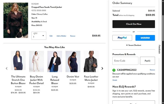 Eloquii checkout page showing Eloquii coupon code box | Screenshot taken by SimplyCodes community member on Aug 11, 2025