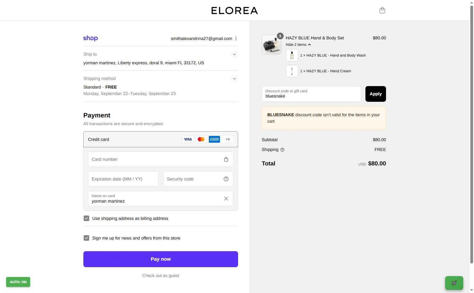 ELOREA checkout page showing ELOREA discount code box | Screenshot taken by SimplyCodes community member on Sep 17, 2025