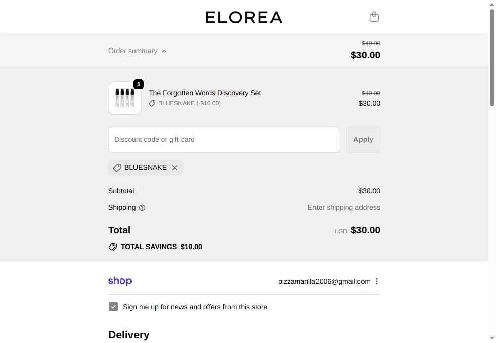 ELOREA checkout page showing ELOREA discount code box | Screenshot taken by SimplyCodes community member on Sep 19, 2025