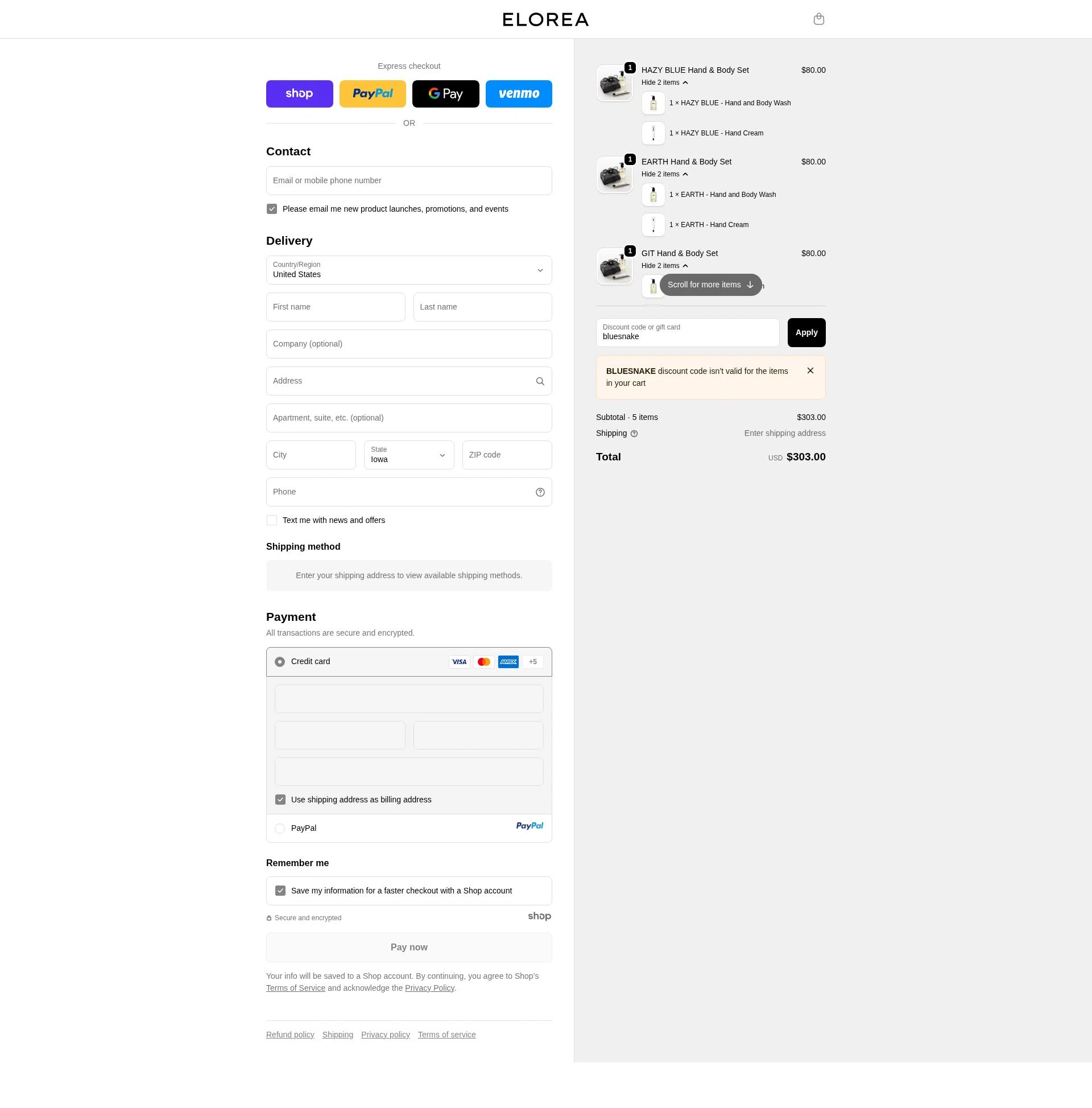 ELOREA checkout page showing ELOREA discount code box | Screenshot taken by SimplyCodes community member on Oct 5, 2025