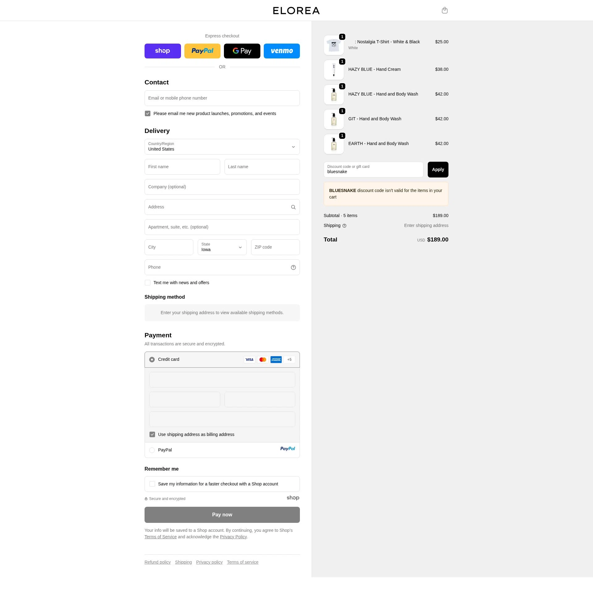 ELOREA checkout page showing ELOREA discount code box | Screenshot taken by SimplyCodes community member on Sep 19, 2025
