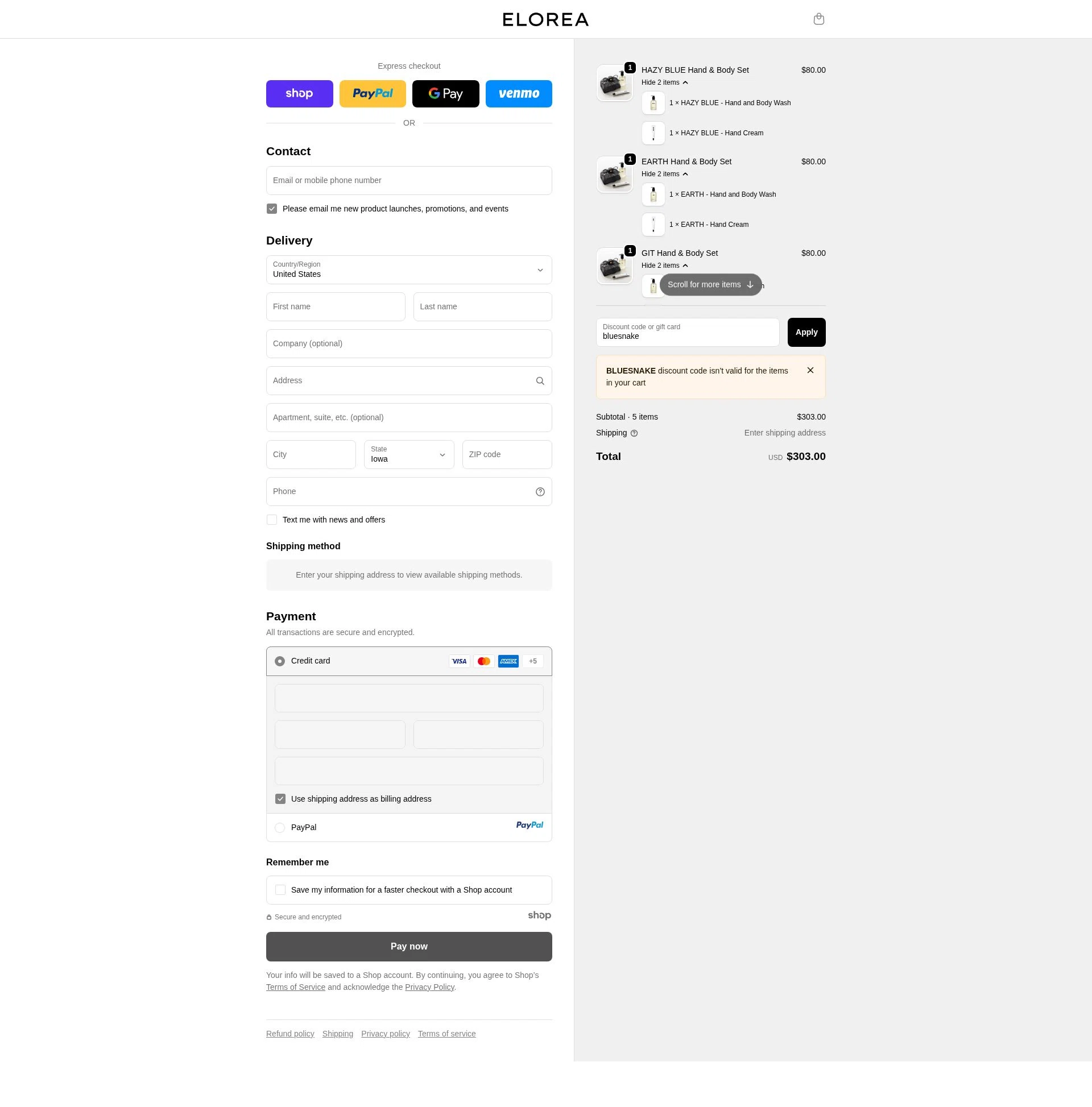 ELOREA checkout page showing ELOREA discount code box | Screenshot taken by SimplyCodes community member on Oct 9, 2025