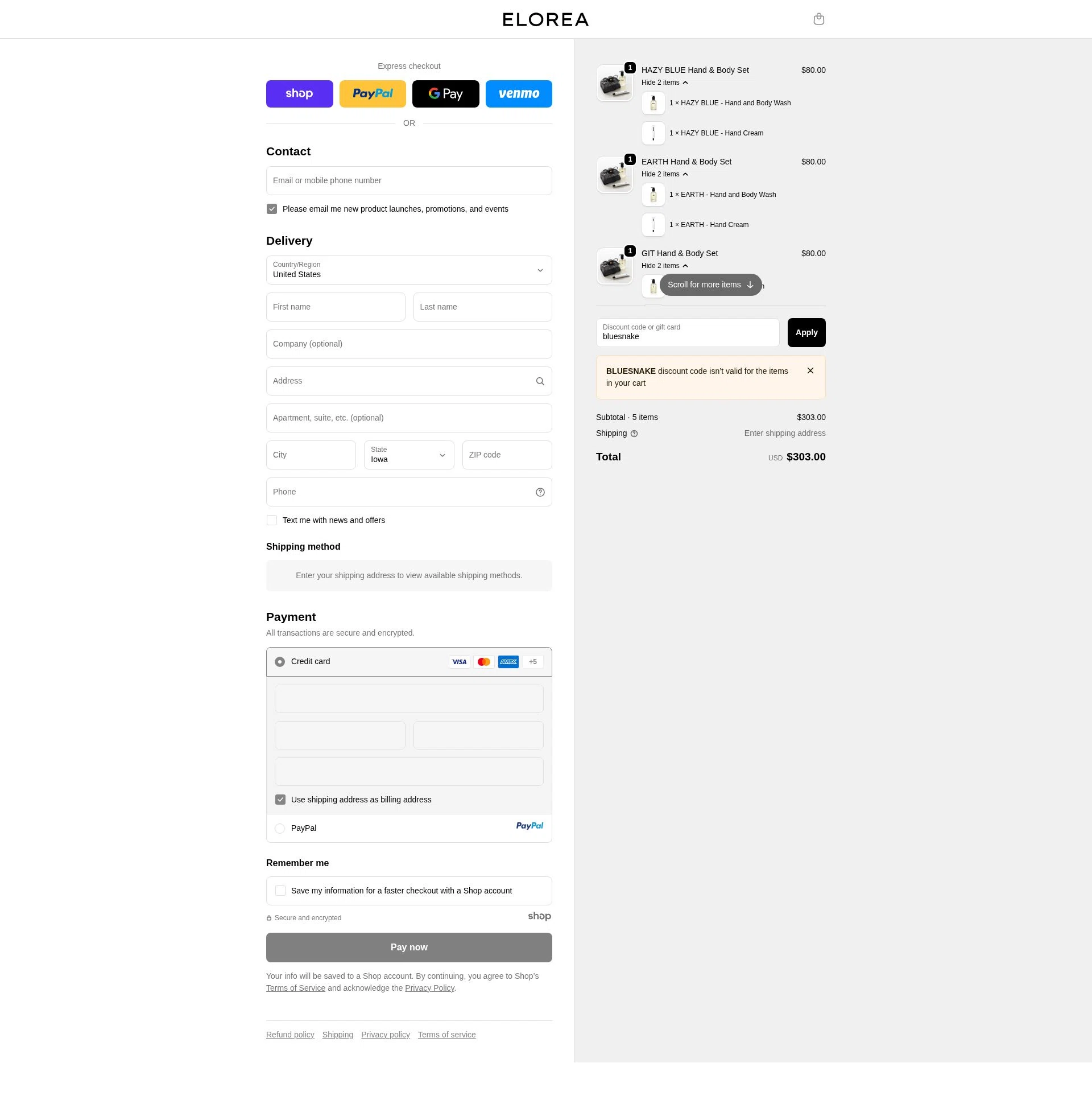 ELOREA checkout page showing ELOREA discount code box | Screenshot taken by SimplyCodes community member on Oct 1, 2025