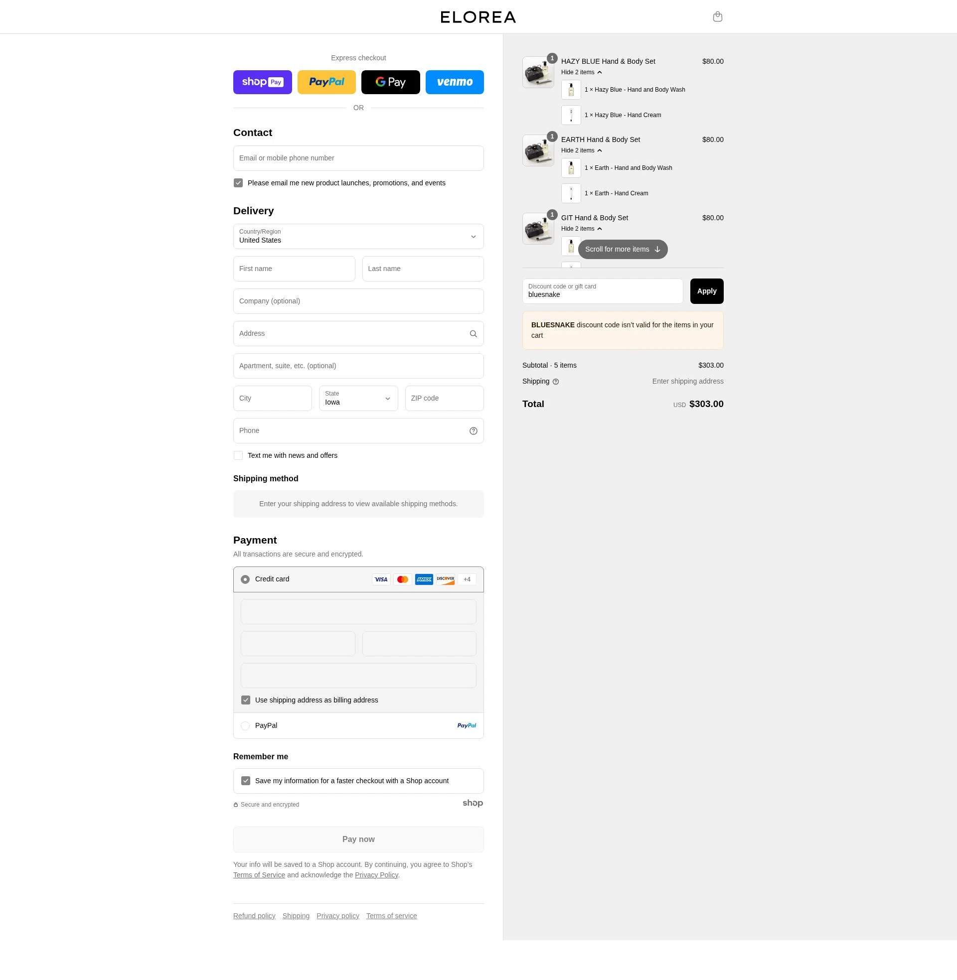 ELOREA checkout page showing ELOREA discount code box | Screenshot taken by SimplyCodes community member on Aug 24, 2025