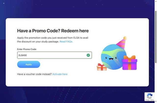 ELSA Speak checkout page showing ELSA Speak promo code box | Screenshot taken by SimplyCodes community member on Jul 20, 2025
