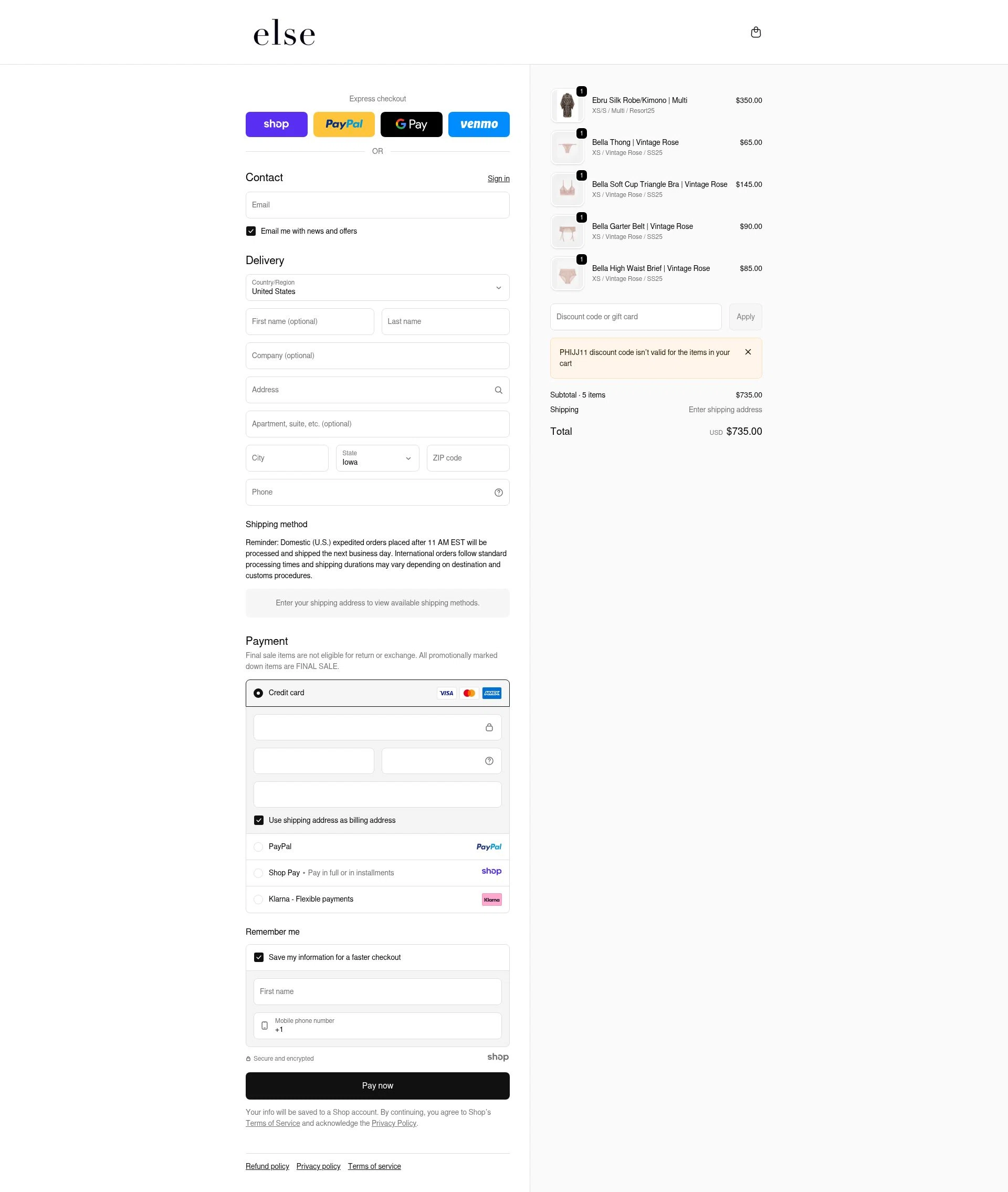 Else Lingerie checkout page showing Else Lingerie promo code box | Screenshot taken by SimplyCodes community member on Dec 28, 2025
