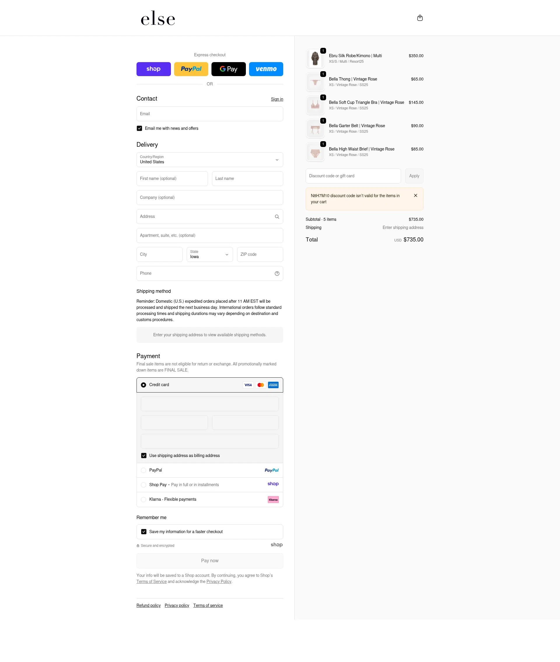 Else Lingerie checkout page showing Else Lingerie promo code box | Screenshot taken by SimplyCodes community member on Dec 28, 2025