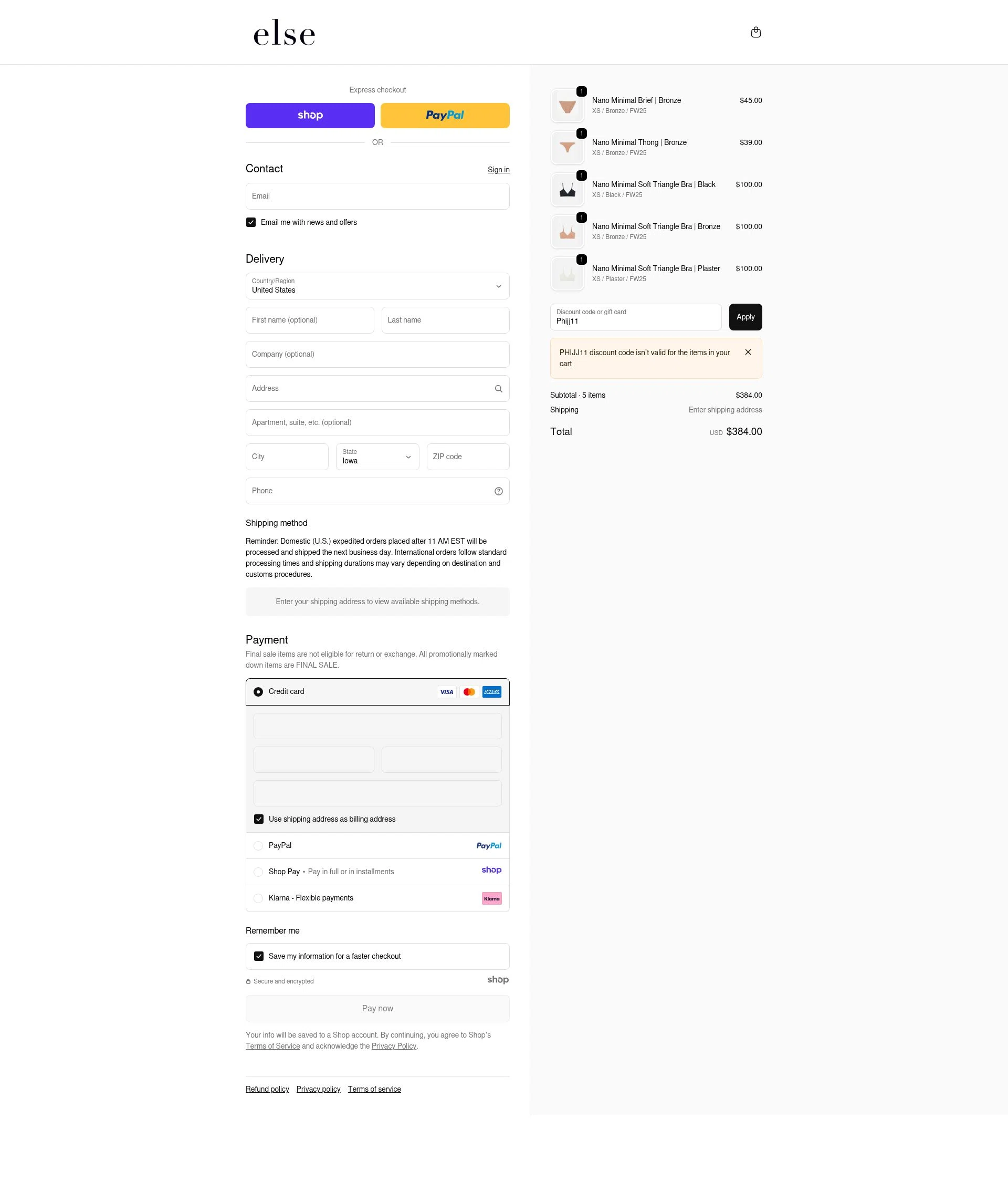 Else Lingerie checkout page showing Else Lingerie promo code box | Screenshot taken by SimplyCodes community member on Dec 16, 2025