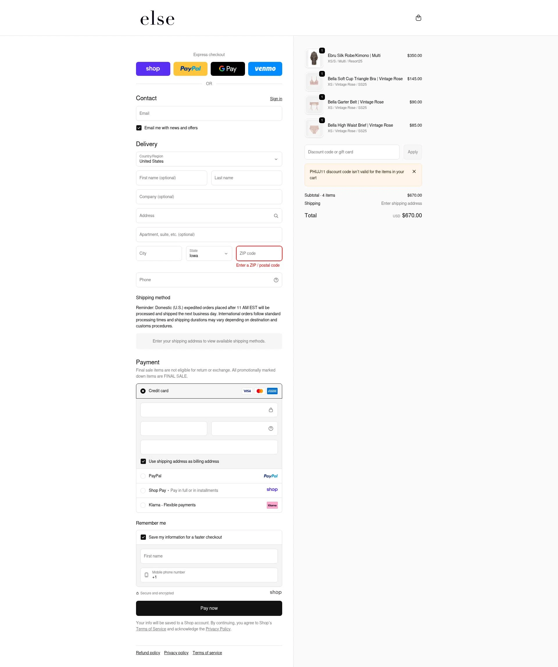Else Lingerie checkout page showing Else Lingerie promo code box | Screenshot taken by SimplyCodes community member on Jan 2, 2026