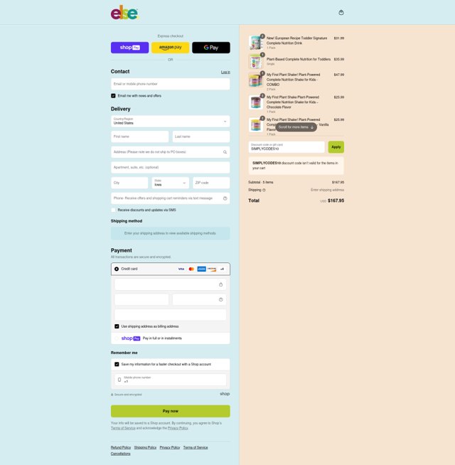 Else Nutrition checkout page showing Else Nutrition discount code box | Screenshot taken by SimplyCodes community member on Aug 7, 2025
