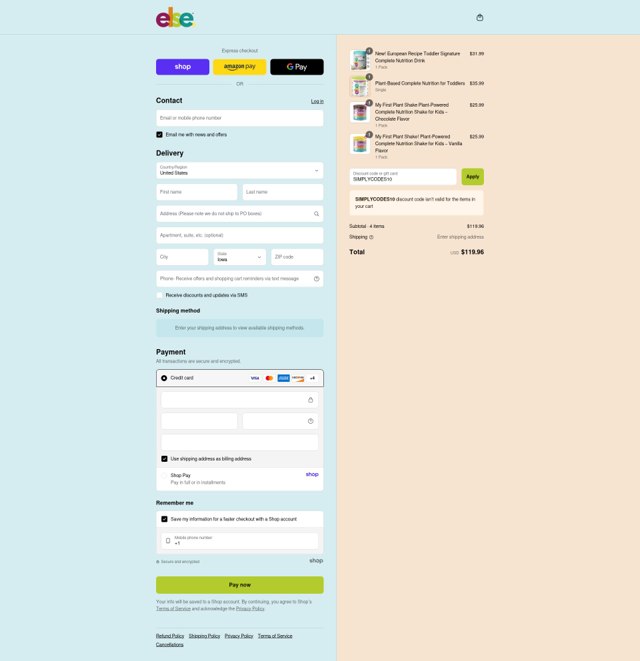 Else Nutrition checkout page showing Else Nutrition discount code box | Screenshot taken by SimplyCodes community member on Sep 6, 2025