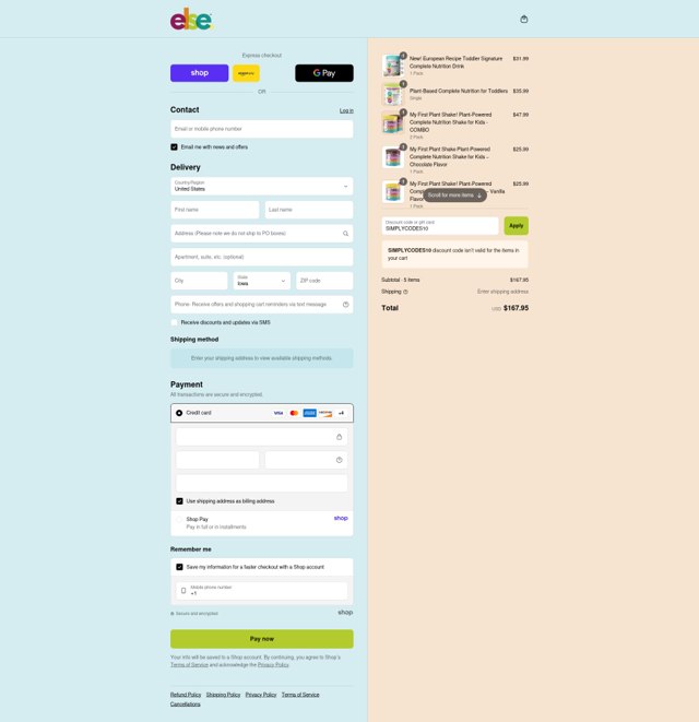 Else Nutrition checkout page showing Else Nutrition discount code box | Screenshot taken by SimplyCodes community member on Aug 28, 2025
