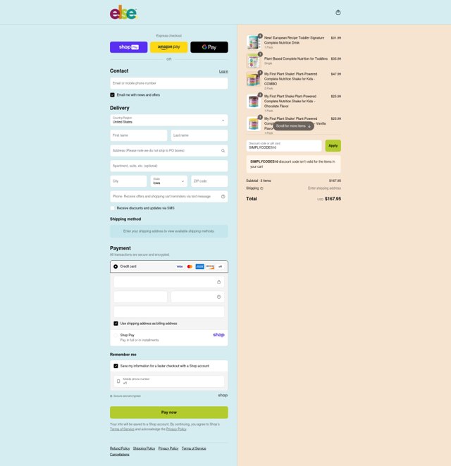 Else Nutrition checkout page showing Else Nutrition discount code box | Screenshot taken by SimplyCodes community member on Aug 15, 2025