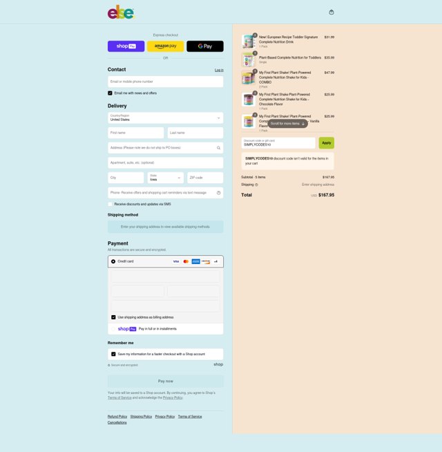 Else Nutrition checkout page showing Else Nutrition discount code box | Screenshot taken by SimplyCodes community member on Aug 11, 2025