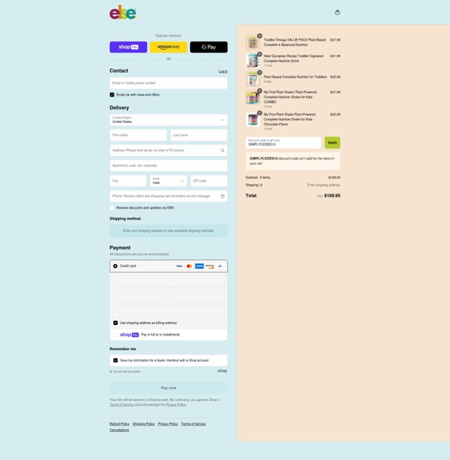 Else Nutrition checkout page showing Else Nutrition discount code box | Screenshot taken by SimplyCodes community member on Aug 3, 2025