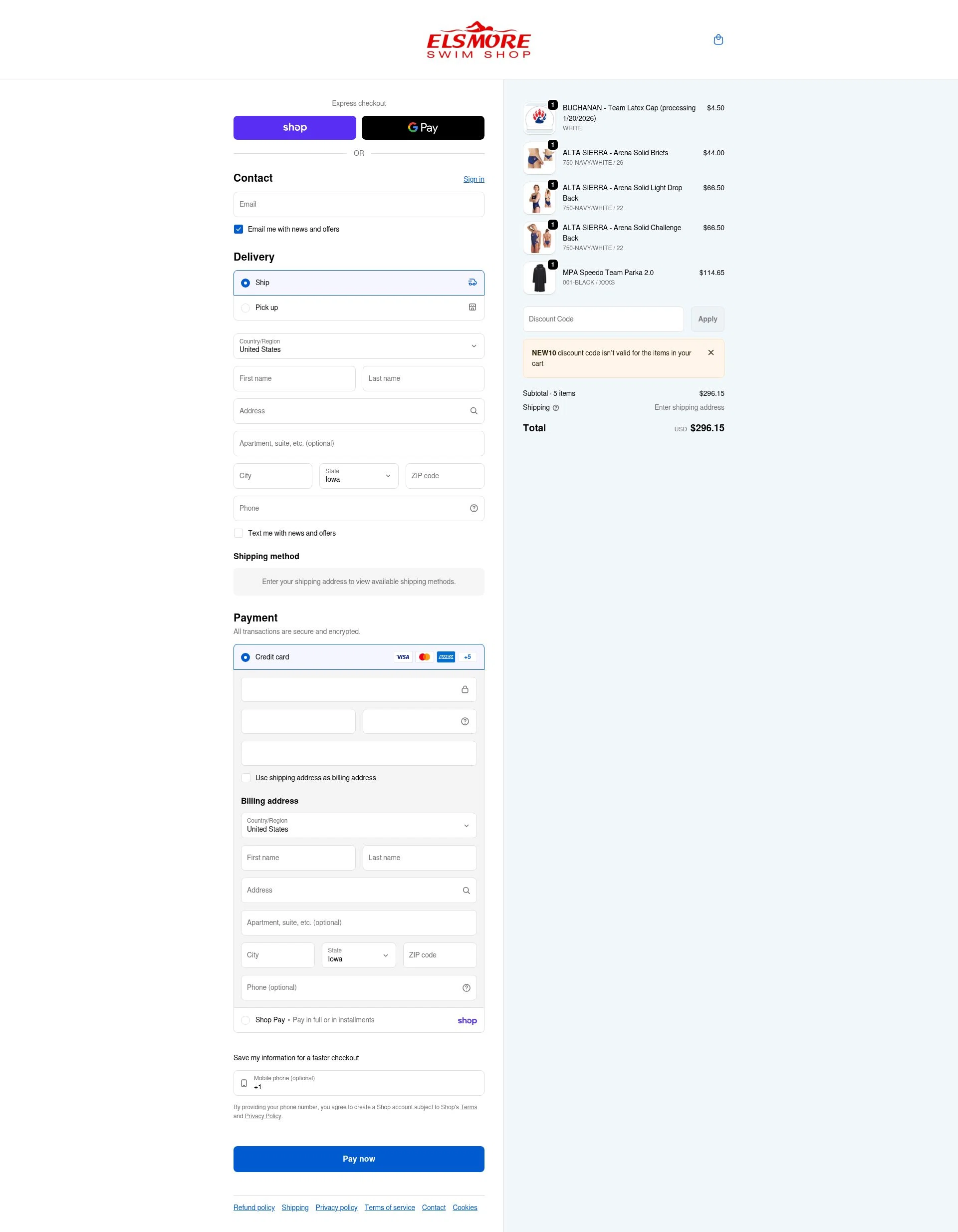 Elsmore Swim checkout page showing Elsmore Swim discount code box | Screenshot taken by SimplyCodes community member on Feb 1, 2026