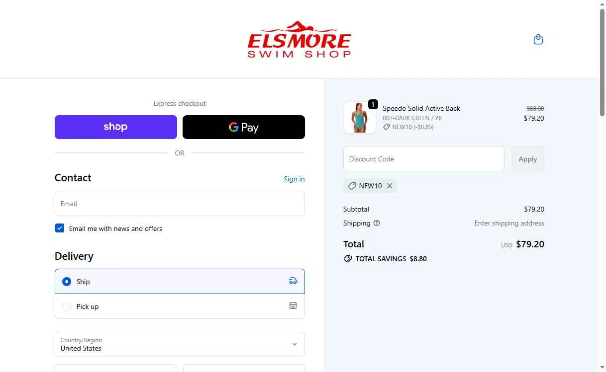 Elsmore Swim checkout page showing Elsmore Swim discount code box | Screenshot taken by SimplyCodes community member on Feb 10, 2026