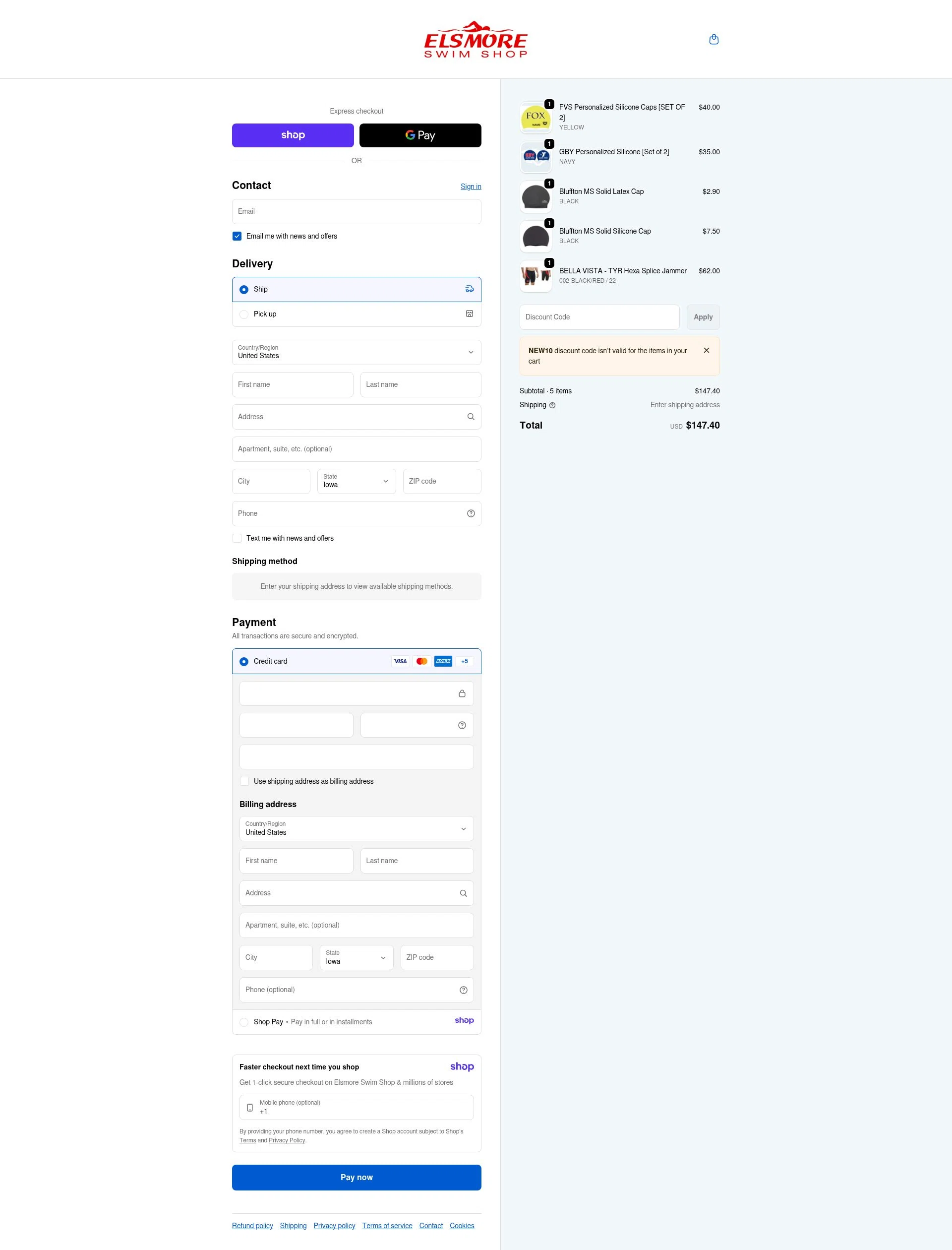 Elsmore Swim checkout page showing Elsmore Swim discount code box | Screenshot taken by SimplyCodes community member on Jan 13, 2026