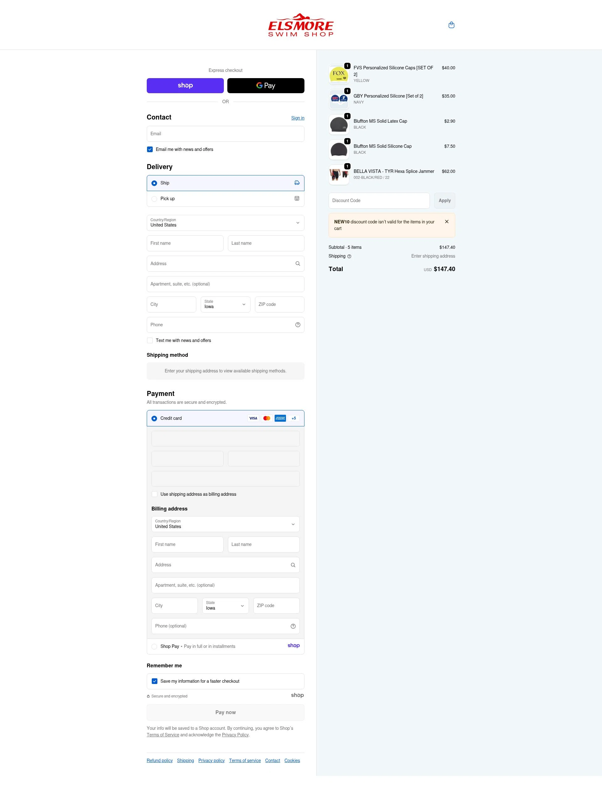 Elsmore Swim checkout page showing Elsmore Swim discount code box | Screenshot taken by SimplyCodes community member on Jan 18, 2026