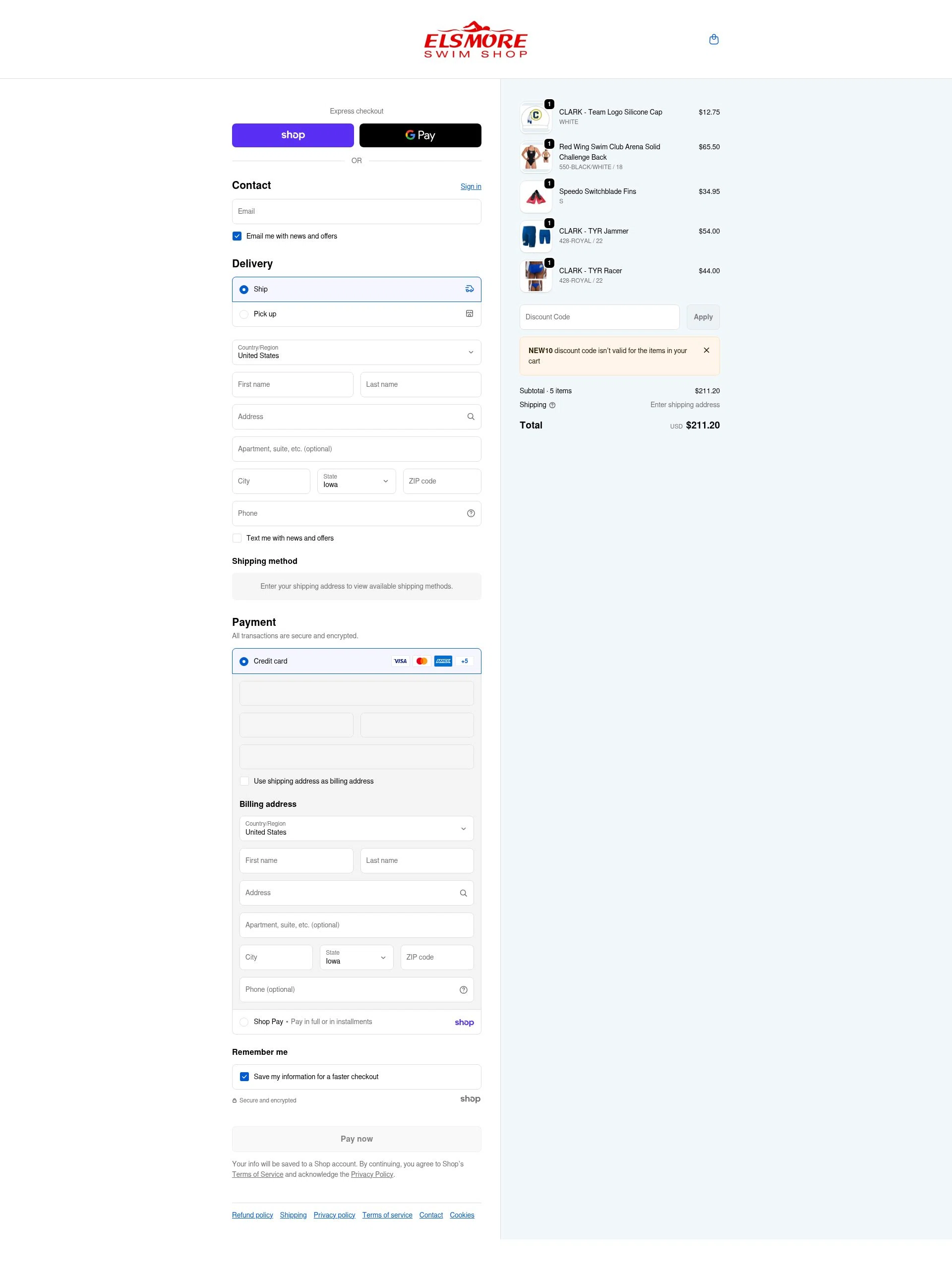 Elsmore Swim checkout page showing Elsmore Swim discount code box | Screenshot taken by SimplyCodes community member on Jan 23, 2026