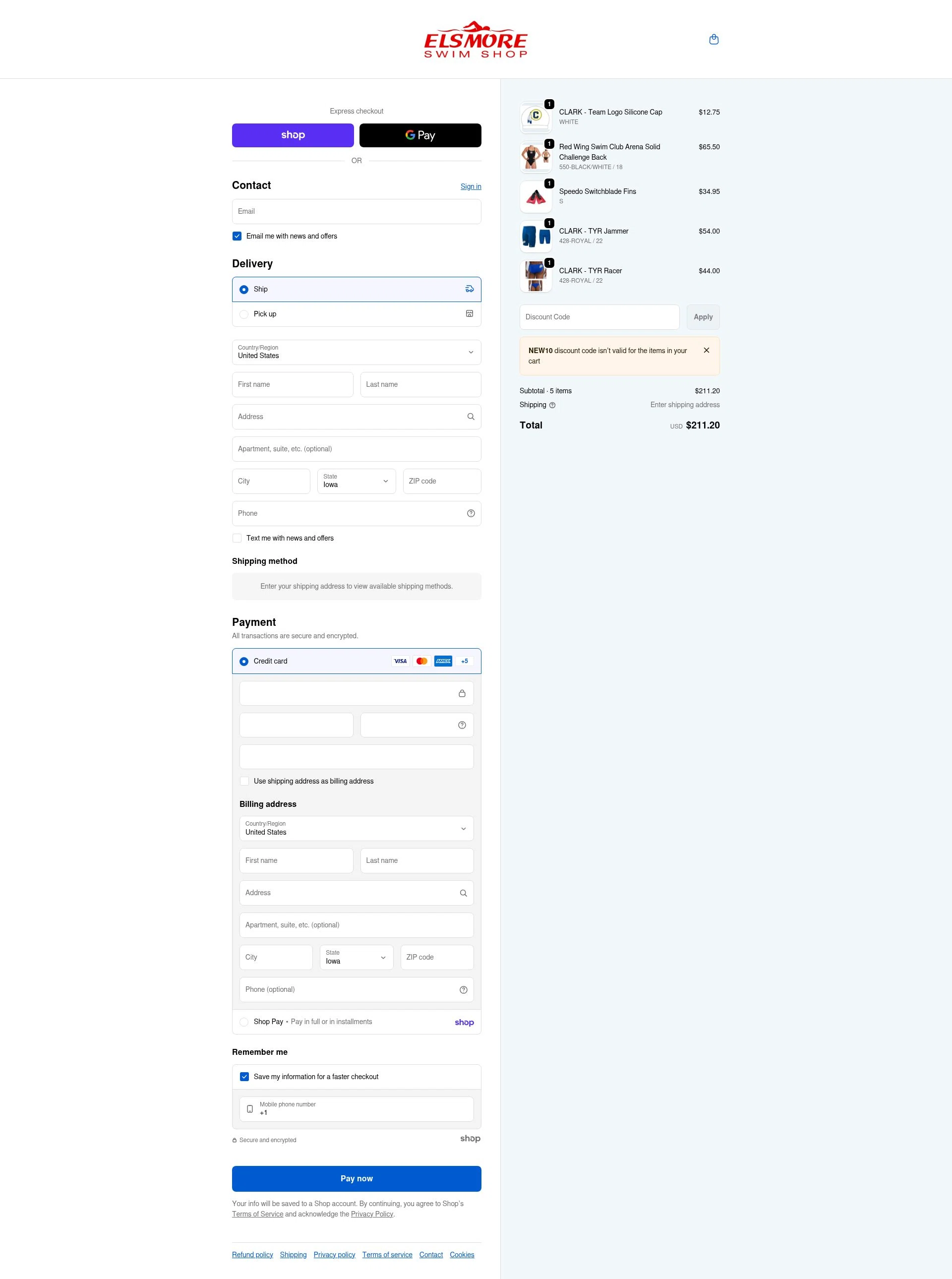 Elsmore Swim checkout page showing Elsmore Swim discount code box | Screenshot taken by SimplyCodes community member on Jan 27, 2026
