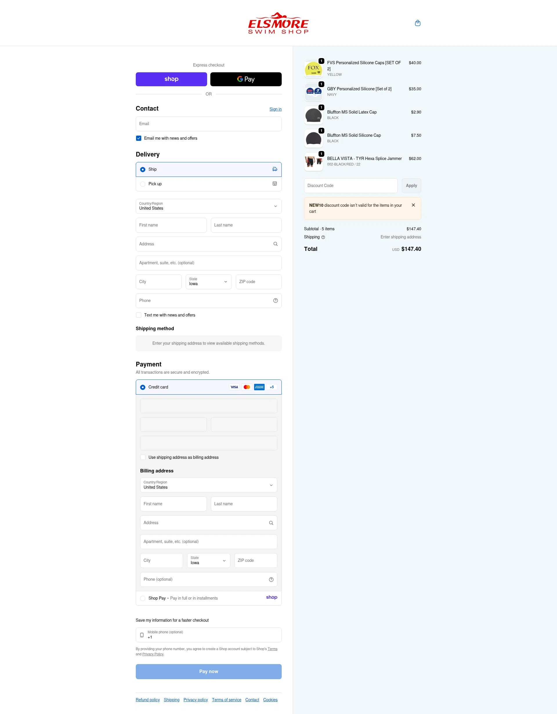 Elsmore Swim checkout page showing Elsmore Swim discount code box | Screenshot taken by SimplyCodes community member on Jan 8, 2026