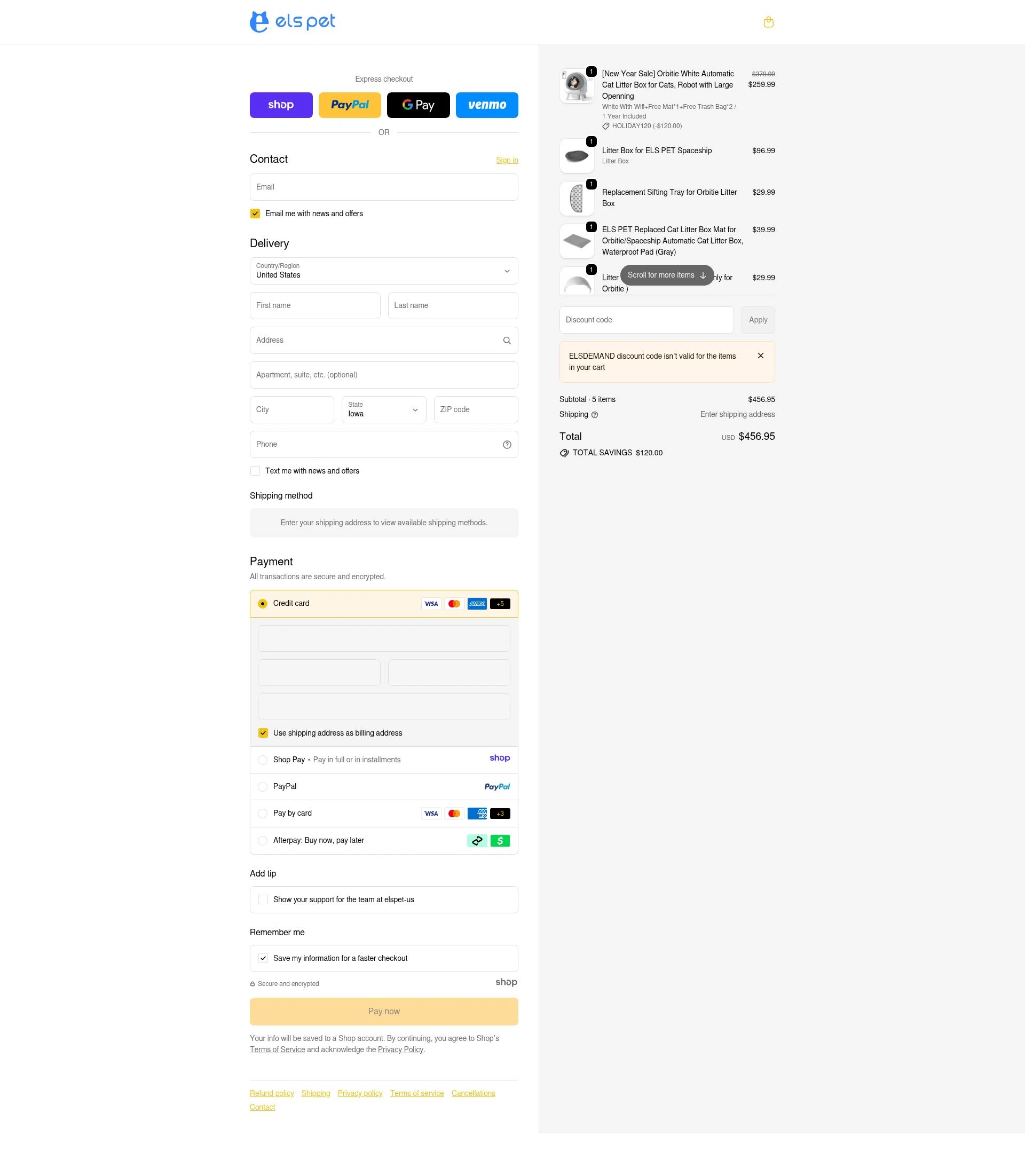 Els Pet checkout page showing Els Pet discount code box | Screenshot taken by SimplyCodes community member on Jan 9, 2026