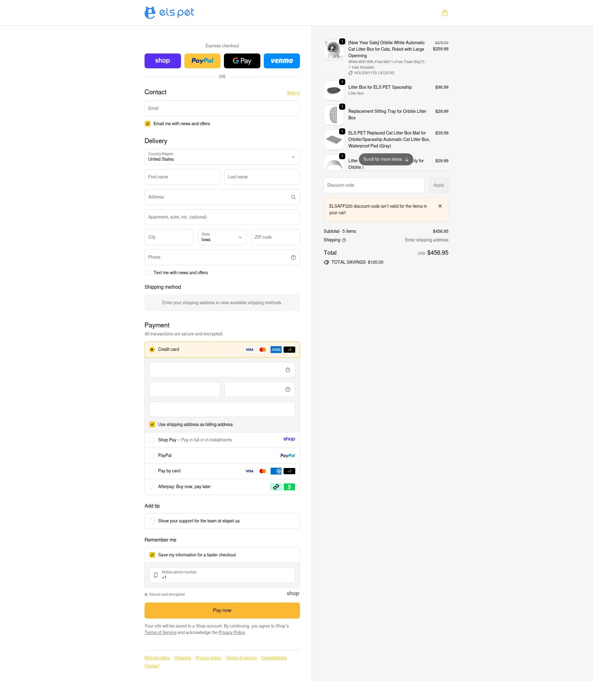 Els Pet checkout page showing Els Pet discount code box | Screenshot taken by SimplyCodes community member on Jan 9, 2026