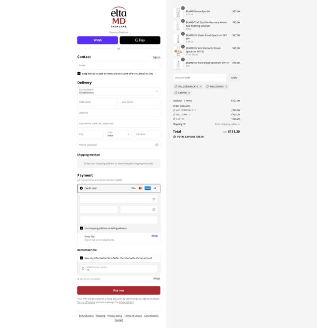 EltaMD checkout page showing EltaMD discount code box | Screenshot taken by SimplyCodes community member on Sep 10, 2025